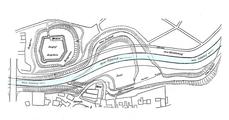 Der Plan verdeutlicht die Veränderungen im Bereich der Burg und der alten Mühle (Stadtarchiv Bad Vilbel)