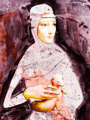 Dame mit dem Hermelin, Acryl Zeichnung Frau mit weißem Hermelin von Frank Schulz Art, Meisterwerk Reloaded nach Da Vinci
