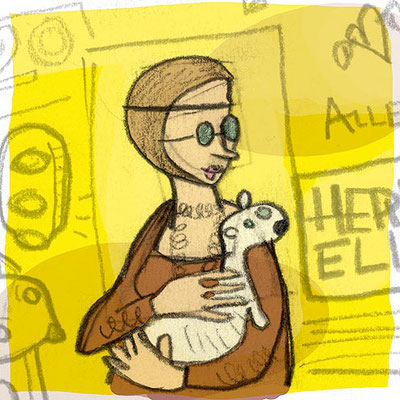 Dame mit dem Hermelin, Tusche Zeichnung Frau vor Gelb mit weißem Hermelin von Frank Schulz Art, Meisterwerk Reloaded nach Da Vinci