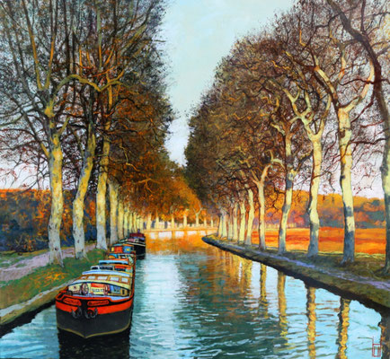 Hausboote auf dem canal due midi, 110x120 cm