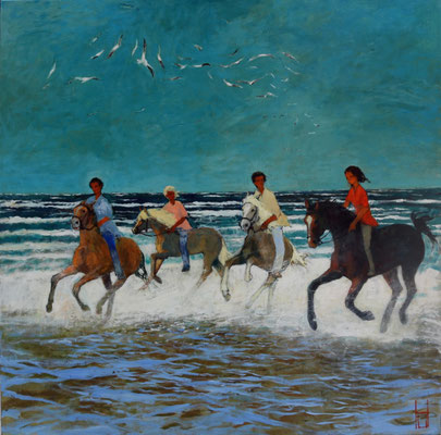 Junge Reiter am Strand, 100x100 cm