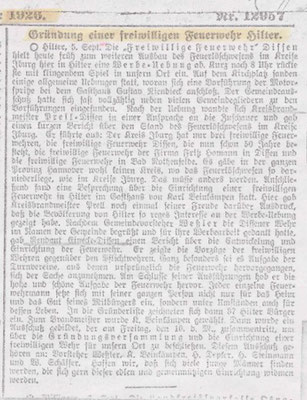 Ein Artikel zur Gründung der Feuerwehr  von 1926