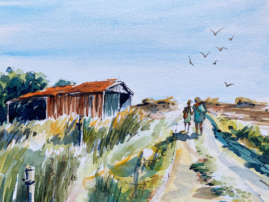 Spaziergang auf Møn, Tuschestift und Aquarell