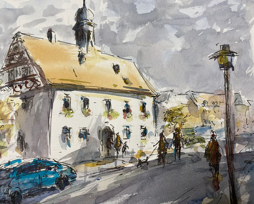 Am alten Rathaus in Pegnitz, Tuschestift und Aquarellfarbe