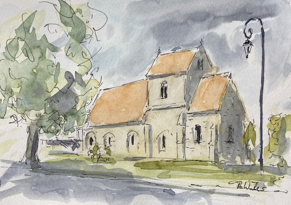 kleine Kirche, Jongerie in der Champagne, Tuschestift und Aquarellfarbe