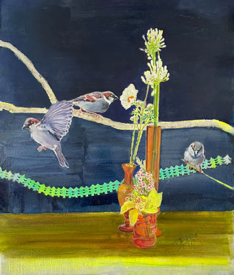 Spatzen, 2023, Öl auf Leinwand, 70 x 60 cm