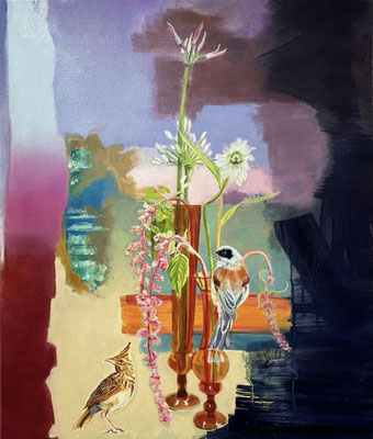 Haubenlerche und Beutelmeise, 2022, Öl auf Leinwand, 60 x 50 cm, Sold