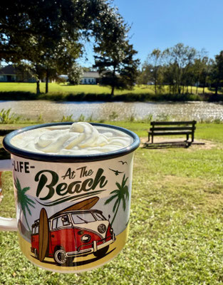 Ein Stellplatz am Bayou. Aldi hat gerade weiße-Schokolade-Sprühsahne :-)!! Das ging auch direkt auf meinen Kaffee! Lecker