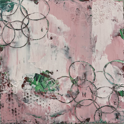 ALLES BLEIBT ROSIG 3, 2021,  Kaltwachsmedium, Pigmente, Collage auf Holz, 20x20x1,2 cm