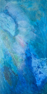 WASSERSPIEGELUNG,  2020,  Aquarell, Gesso, Bienenwachs, Dammarharz auf Aquarellpapier, 100x50x3 cm 