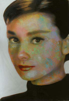 Audrey Hepburn, Acryl, Lack und Öl auf Holz, 60x80cm