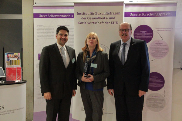 Prof. Dr. Michael Vilain (Geschäftsführender Direktor des IZGS), Prof. Dr. Marion Großklaus-Seidel (Präsidentin der EHD) und Sozialminister Stefan Grüttner [Social Talk 2015] © Ehrig