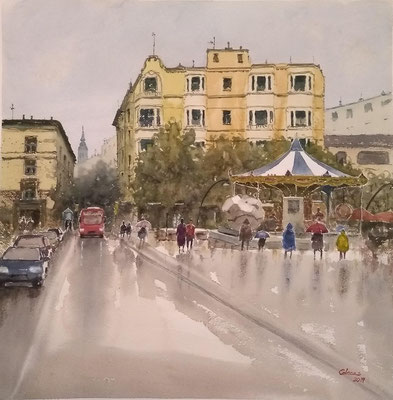 Despueés de la lluvia, vamos al tiovivo. 56 x 56 cm. (3er premio Salón de Otoño AADA) (Vendido)