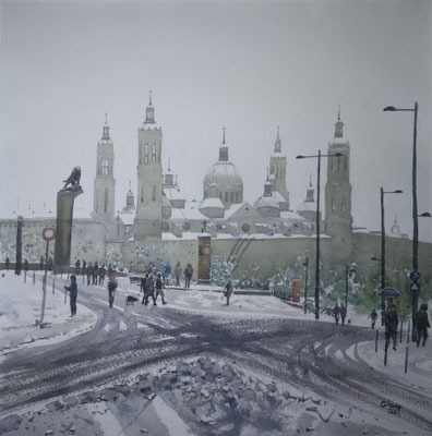 Nieve en Zaragoza. 38 x 56 cm
