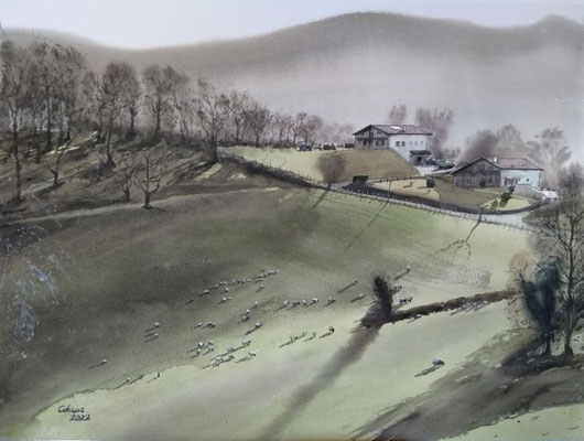 Maisons au pied des Pyrénées. 56 x 76 cm. (Premio del publico Salon d'Automne de Salies de Béarn)
