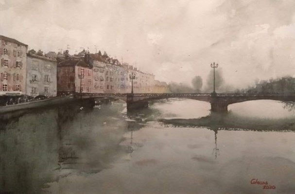 Réveil au bord de la Nive. 38 x 56 cm (Sélectionné à l'Exposition Internationale d'Aquarelle à Albi) (Vendu)