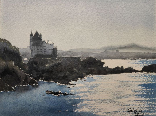 La vila Belza à contrejour. 16 x 20 cm.