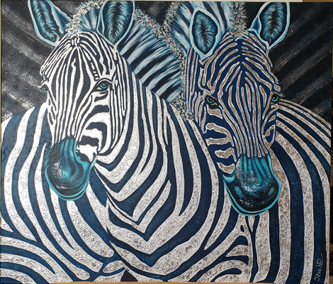 Zebras; 60x 70cm; Acryl und Blattsilber auf Leinwand