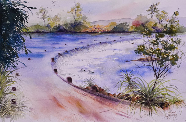Pelicans at Ivanhoe Crossing 54x35cm Watercolour and metal leaf on paper SOLD