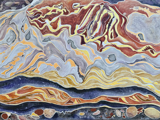 Sculpted by Tide, Painted by Time 122x91cm, watercolour, 44ct of rough diamonds and metal leaf on canvas $13,100
