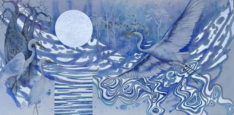Journey of the Kimberley Moon 50x99cm, watercolour and metal leaf on stretched canvas SOLD