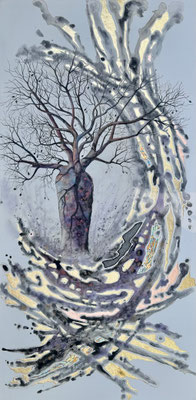 Kimberley Resonance III, 82x46cm, watercolour, 12ct of rough diamonds and metal leaf on stretched canvas $4,480