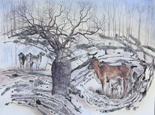 Painting of cattle and calf and a boab tree in muted shades and swirls.
