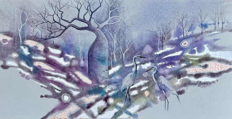 Peaceful Wanderings, 31x61cm, watercolour and metal leaf on stretched canvas $1650