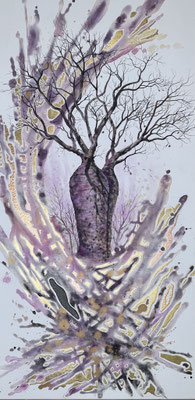 Kimberley Resonance I,  82x46cm, watercolour, 12ct of rough diamonds and metal leaf on stretched canvas $4,480