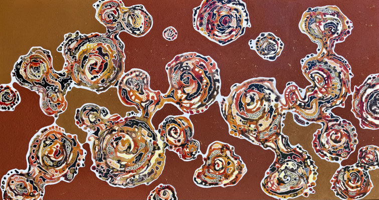 painting of the aerial view of Purnululu or the Bungle Bungle range. It is embellished with metal leaf and ochres and features little whimsical figures, birds, crocs, snakes and lizards.