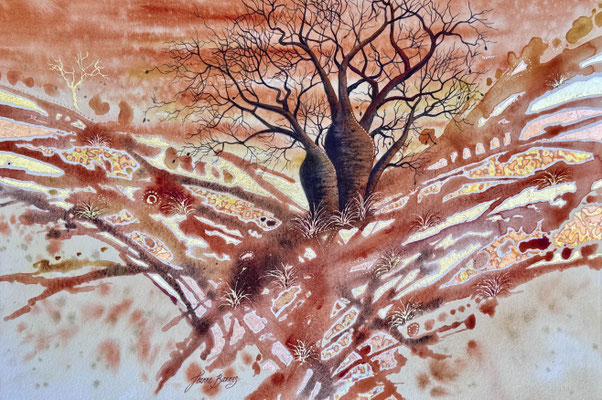 Painting in watercolour of a group of boab trees against an orange sunset with metal leaf