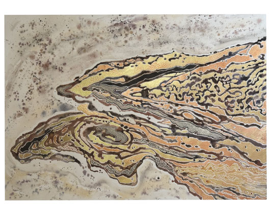 Abstract painting inspired by the rocks at Riddell Beach in Broome.  Swirls and rough diamonds and metal leaf.