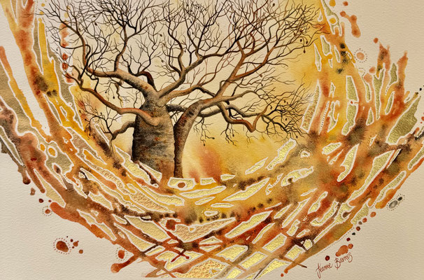 Secret Track 35x56cm Watercolour and metal leaf on paper SOLD