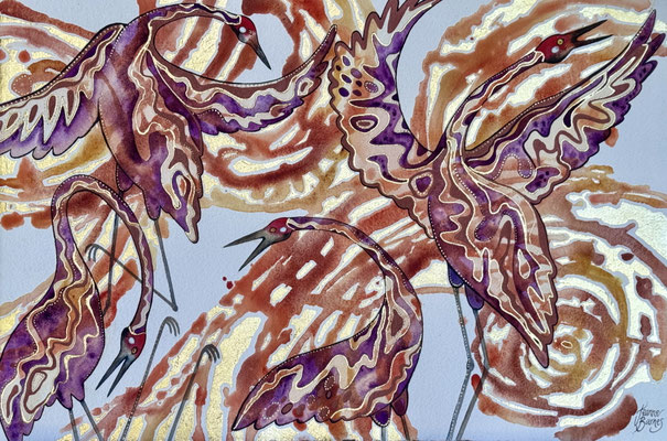 Abstract painting of brolgas dancing and singing with swirls of paint and gold leaf