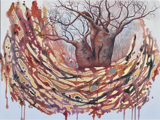 Where the Silence Never Is, 122x91cm, watercolour and metal leaf on stretched canvas with 48ct of rough diamonds, $13,500