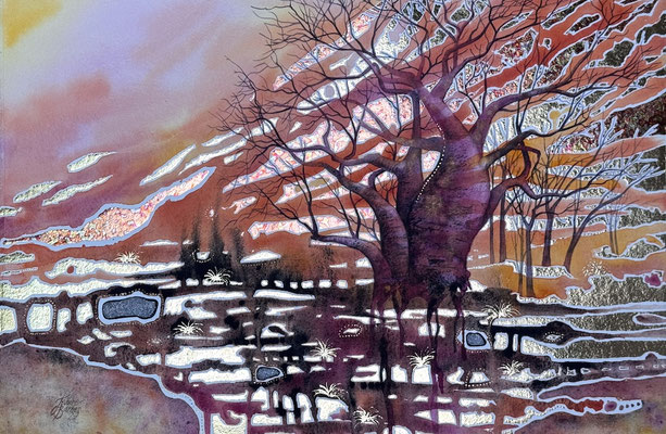 Kimberley Sunset 38x57cm (artwork size, not framed size) watercolour and metal leaf, 4ct of rough diamonds on paper SOLD