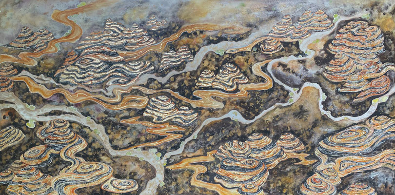Gazing Across Purnululu.  Watercolour and gold leaf on canvas stretched and sealed. SOLD