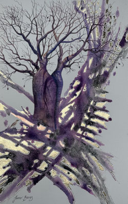 Boab tree and curlew with swirls of colour purples and gold leaf