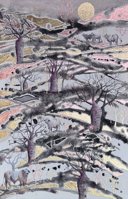 Roaming Ivanhoe 58x38cm(artwork size, not its framed size) watercolour, 3ct of rough diamonds and metal leaf on paper SOLD