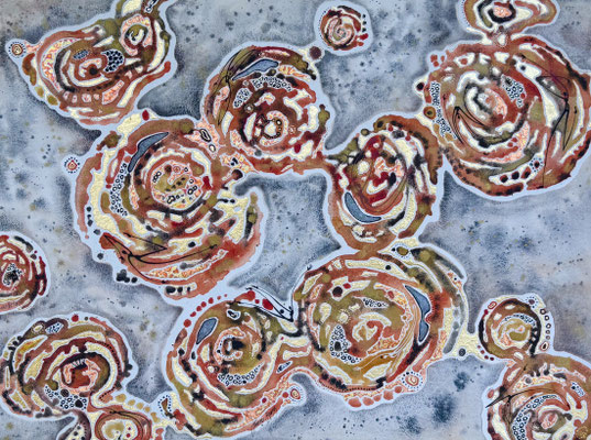 Purnululu-Painted by Wind and Water, 57x76cm (artwork size, not framed size) watercolour, metal leaf and 19ct of rough diamonds on paper, framed, $5,990