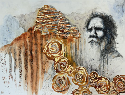 Painting of old man and the Bungle Bungles or Purnululu ranges