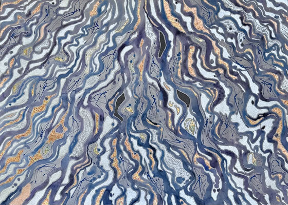 Ebb and Flow 75x105cm (artwork size, not framed size) watercolour, 26ct of rough diamonds and metal leaf on paper, framed, $10,350