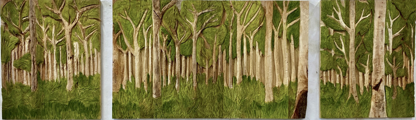 Sommerwald, Porträt, 2023, Linde, 348 x 100 x 3,7 cm