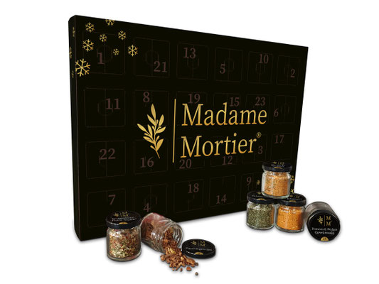 Plastikfreier Adventskalender "Madame Mortier" mit 24 Gewürzgläschen