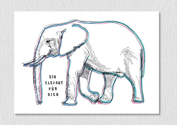 Ein Elefant für dich, Fineliner, Filzstift und Stempel auf Papier, 26 x 21 cm