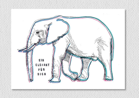 Ein Elefant für dich, Fineliner, Filzstift und Stempel auf Papier, 26 x 21 cm