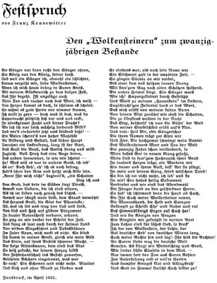 Festspruch des Tiroler Dichters Franz Kranewitter zum Fest des 20-jährigen Bestandes