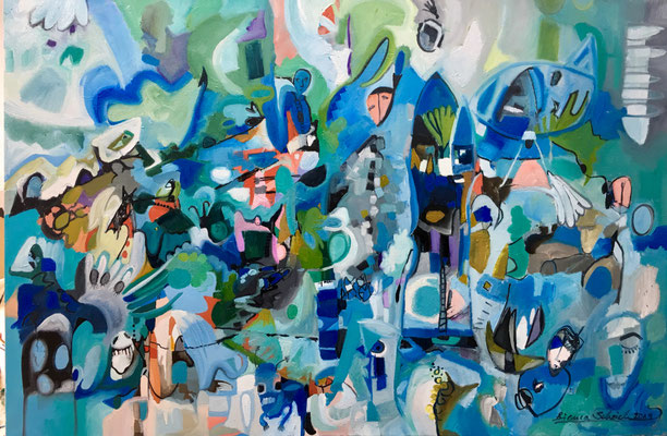 (c) Bianca Scheich, "Träume aus dem Meer", Öl auf Leinwand, 80 x 120 cm, 2019, schwarze Schattenfuge 