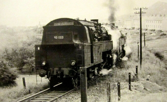 Lok 95 025 und weitere 95 mit Güterzug nach Rübeland, 1957