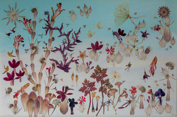 Ein Blütenkunstwerk, gearbeitet mit gepressten Blüten. Es stellt einen Kaktusgarten dar